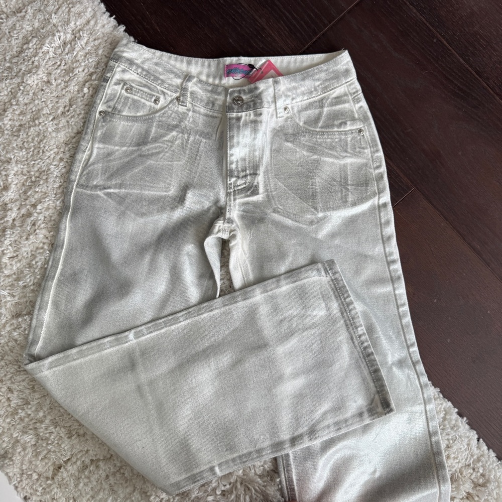 Edikted Silver Low Rise Wide Leg Metallic Jeans
